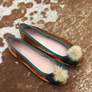 Brown Velvet Pom-Pom Ballet Flats with Teal Trim